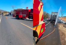 Carreta carregada de algodão pega fogo na BR-020 em Formosa e chamas duram 6h