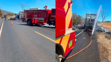 Carreta carregada de algodão pega fogo na BR-020 em Formosa e chamas duram 6h